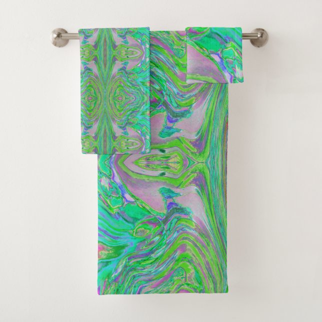 Cool Abstract Chartreuse and Blue Groovy Retro Bath Towel Set (Insitu)