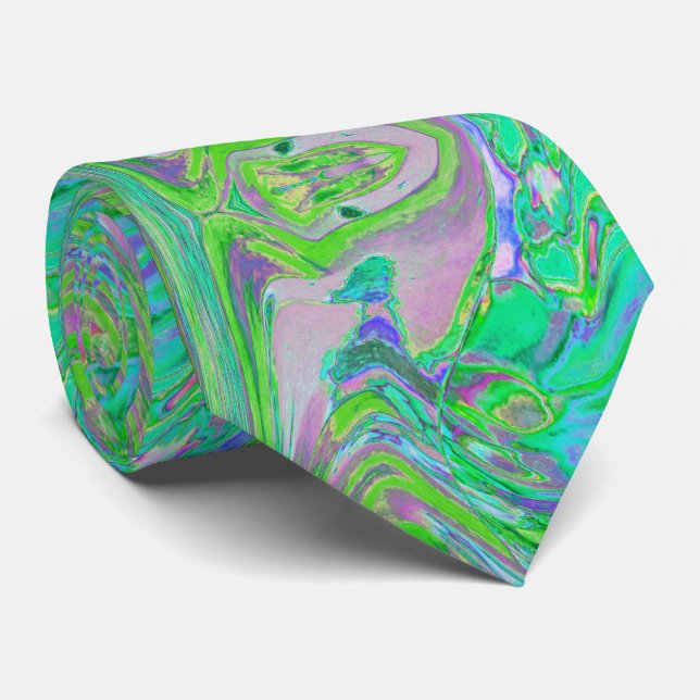 Cool Abstract Chartreuse and Blue Groovy Retro Neck Tie (Rolled)