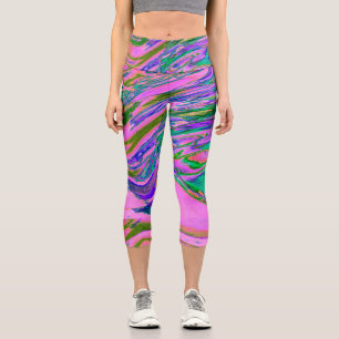Cool Abstract Chartreuse and Hot Pink Groovy Retro Capri Leggings