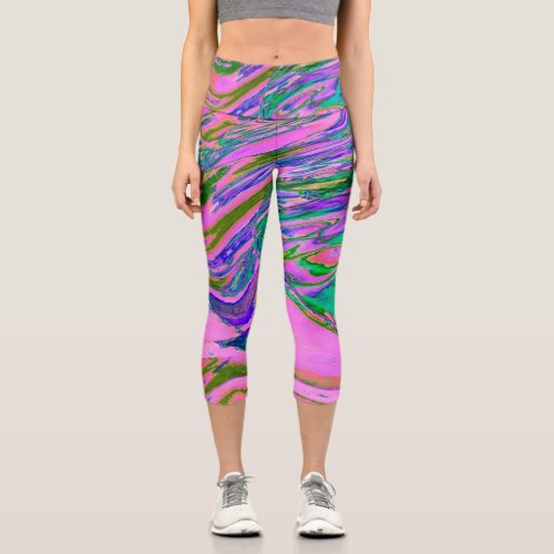 Cool Abstract Chartreuse and Hot Pink Groovy Retro Capri Leggings