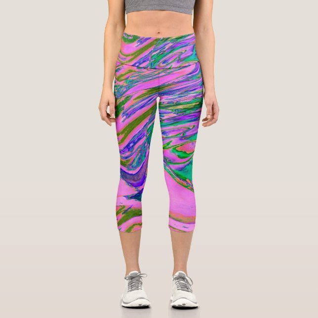 Cool Abstract Chartreuse and Hot Pink Groovy Retro Capri Leggings (Front)