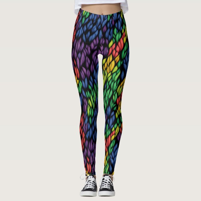 Cool Abstract Colorful Botanical Greenery Leaves Leggings (Front)