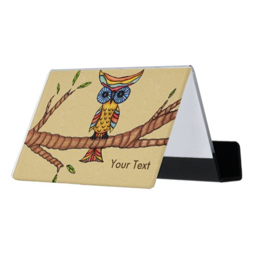 Cool Abstract Colorful Owl Big Eyes on Tree Branch Desk Business Card Holder