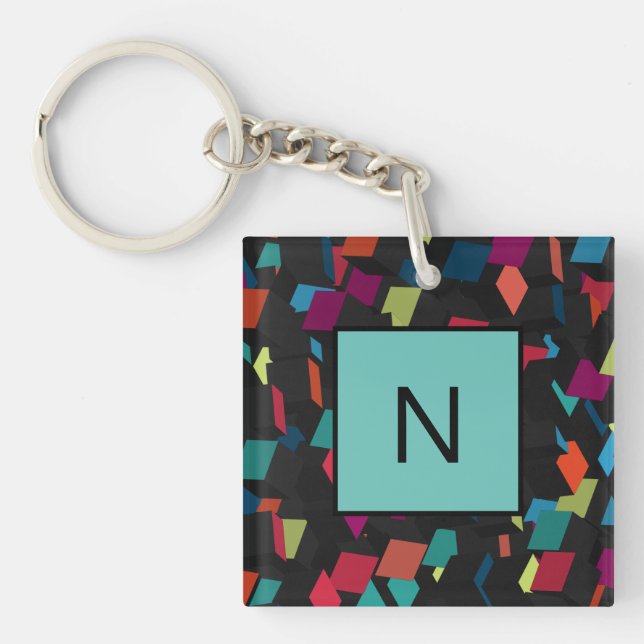 Cool Abstract Geometric Cube Pattern Monogram Keychain (Front)