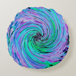 Cool Abstract Lime Green and Purple Floral Swirl Round Pillow