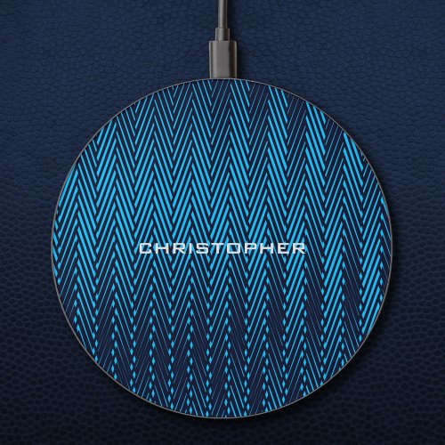 Cool Abstract Modern Blue Moir Effect Custom Name Wireless Charger