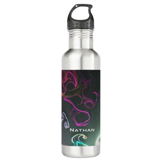 Cool Abstract Neon Liquid Art Black Personalised Stainless Steel Water Bottle (Front)