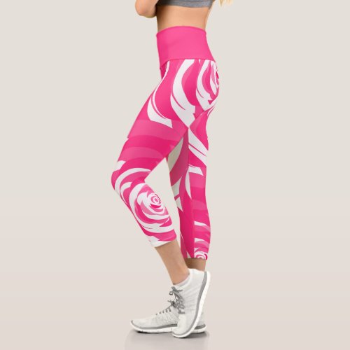 Cool Abstract Pink Rose White Floral Pattern Capri Leggings