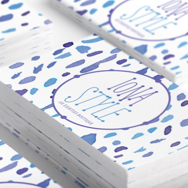Cool Abstract Purple & Blue Watercolor Pattern Business Card (Close-up Stacked Retro Purple and Blue Abstract Watercolor Dot Business Cards—Front)