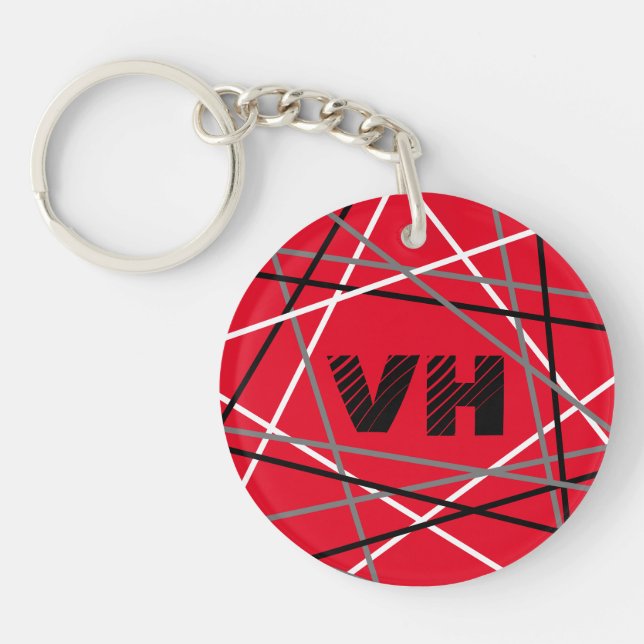 Cool Abstract Red Striped Guitar Name Initials Keychain (Front)