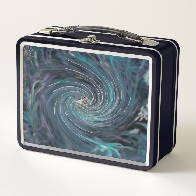 Cool Abstract Retro Black and Teal Cosmic Swirl Metal Lunch Box (Front)