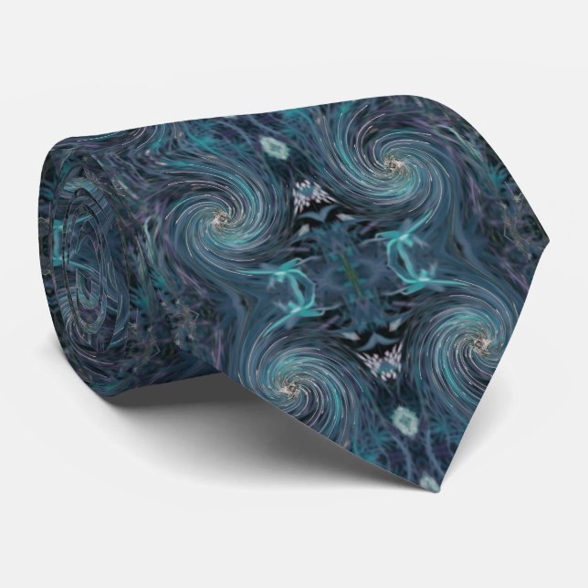 Cool Abstract Retro Black and Teal Cosmic Swirl Neck Tie (Rolled)