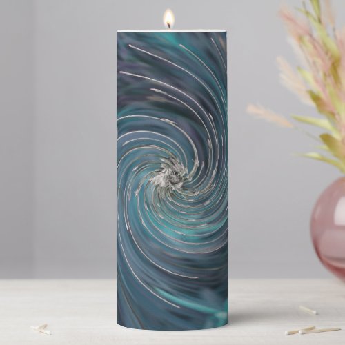 Cool Abstract Retro Black and Teal Cosmic Swirl Pillar Candle