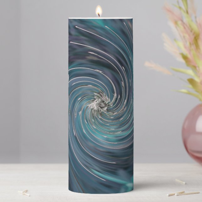 Cool Abstract Retro Black and Teal Cosmic Swirl Pillar Candle (In Situ)