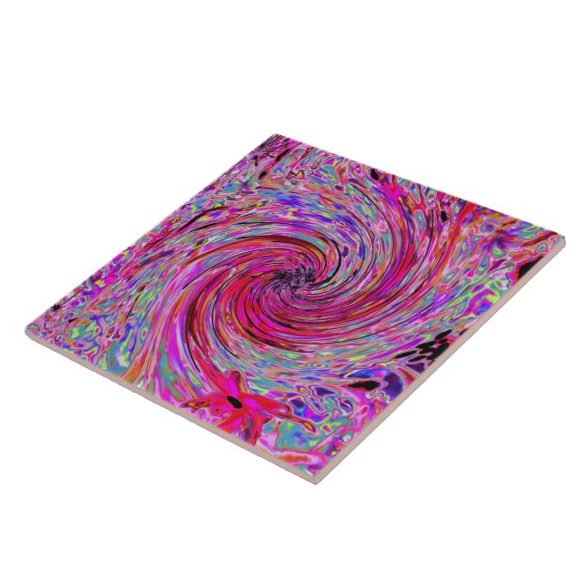 Cool Abstract Retro Hot Pink and Red Floral Swirl Ceramic Tile (Side)