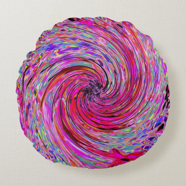 Cool Abstract Retro Hot Pink and Red Floral Swirl Round Pillow (Front)