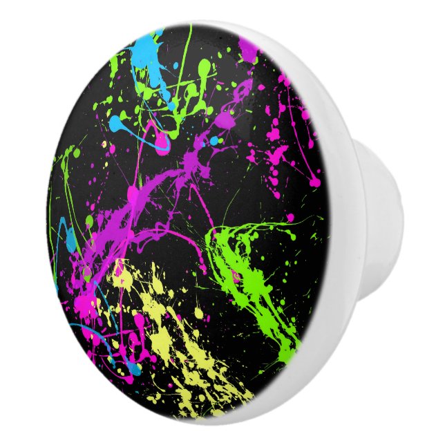 Cool Abstract Retro Rainbow Paint Splatter Black Ceramic Knob (Right)