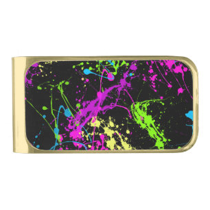 Cool Abstract Retro Rainbow Paint Splatter Black Gold Finish Money Clip