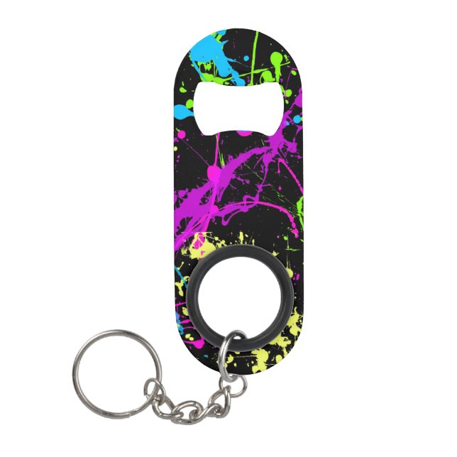 Cool Abstract Retro Rainbow Paint Splatter Black Keychain Bottle Opener (Front)
