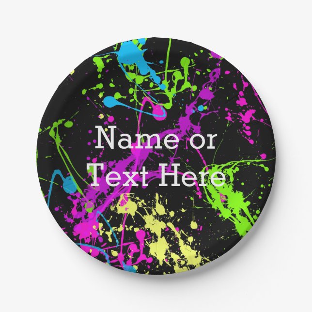 Cool Abstract Retro Rainbow Paint Splatter Black Paper Plates (Front)