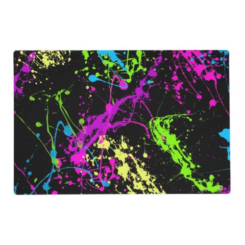 Cool Abstract Retro Rainbow Paint Splatter Black Placemat