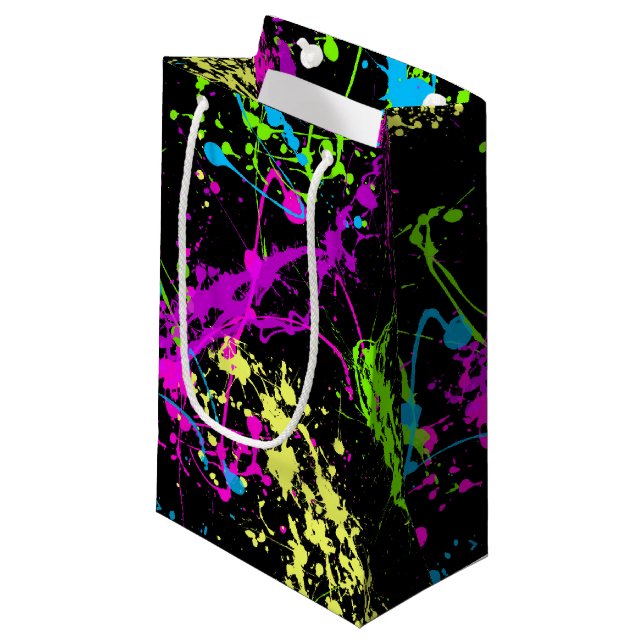 Cool Abstract Retro Rainbow Paint Splatter Black Small Gift Bag (Front Angled)