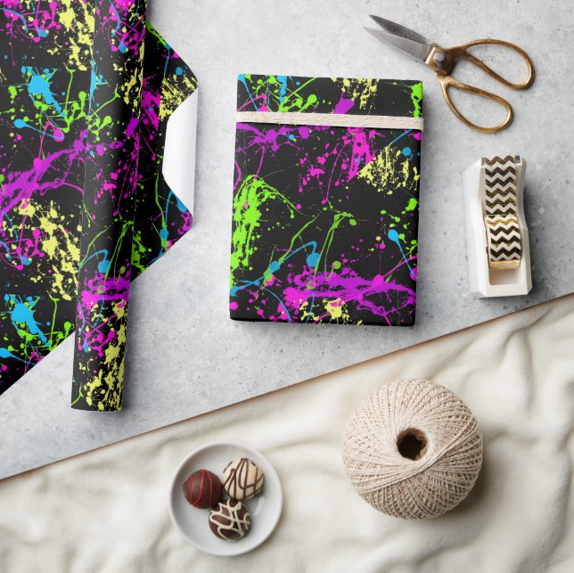 Cool Abstract Retro Rainbow Paint Splatter Black Wrapping Paper (Crafts)
