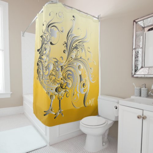 Cool Abstract Silver Tribal Stylized Rooster Gold Shower Curtain
