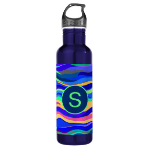 Cool Abstract Wavy Stripes Blue Monogrammed Stainless Steel Water Bottle
