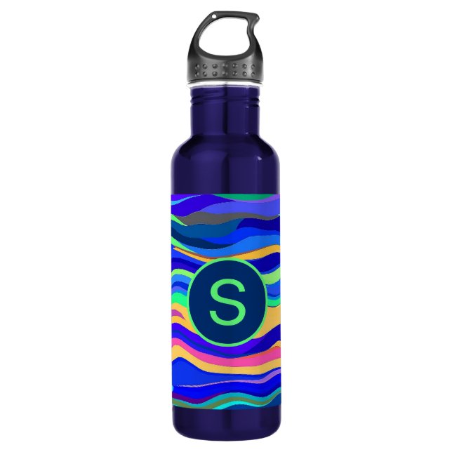 Cool Abstract Wavy Stripes Blue Monogrammed Stainless Steel Water Bottle (Front)