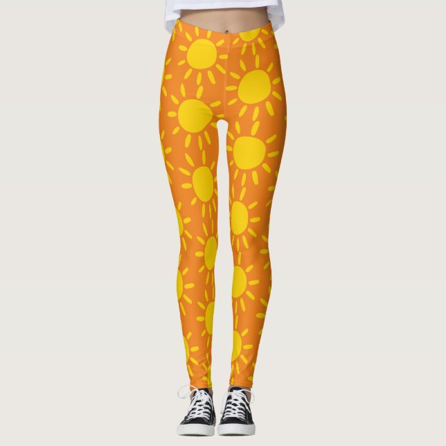 Cool Abstract Yellow Summer Sun Pattern On Orange Leggings (Front)