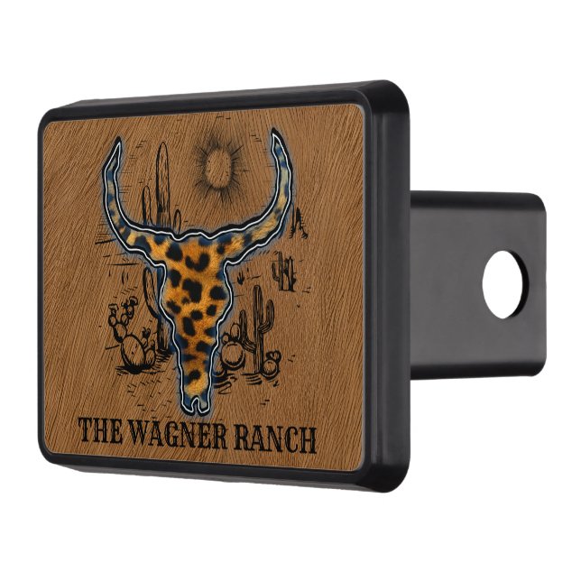 cool add Ranch name faux rawhide cow skull Hitch Cover (Left)
