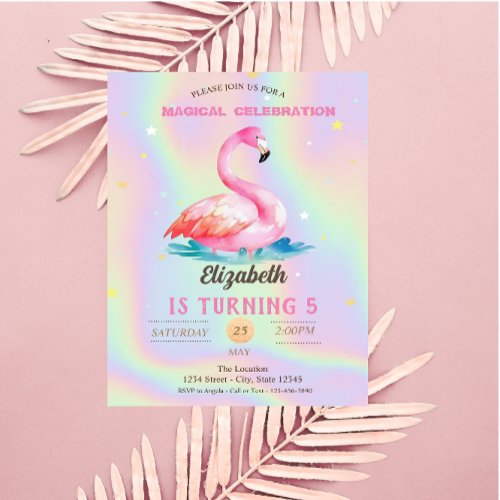 Cool Adorable Pink Flamingos Holographic  Invitation