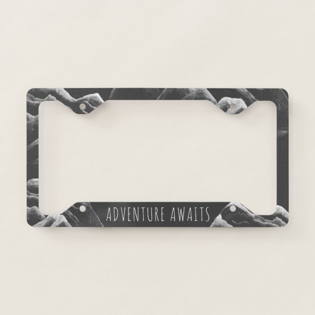 Cool adventure awaits quote mountains illustration license plate frame (Front)