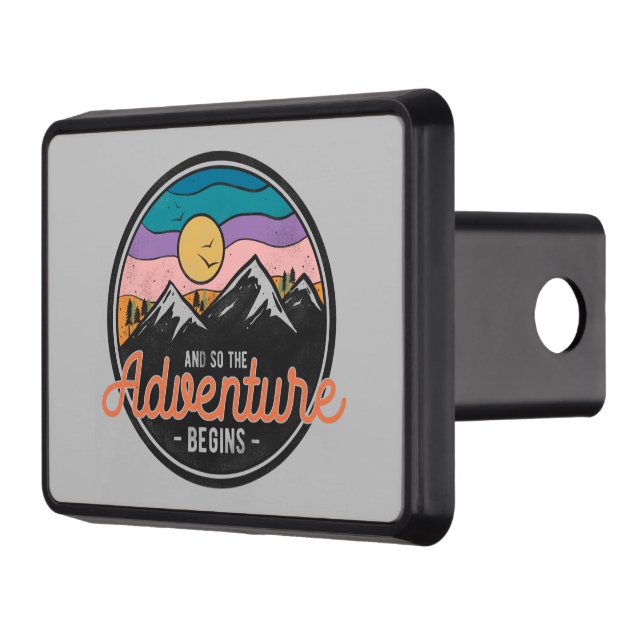 cool adventure begins word art mountain  hitch cover (Left)