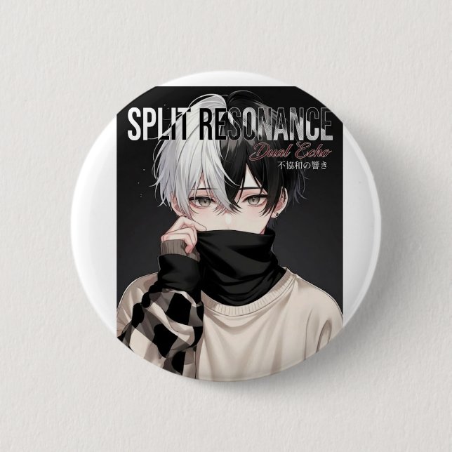 Cool Aesthetic Anime Boy with Two-Tone Hair and Ma Button (Front)