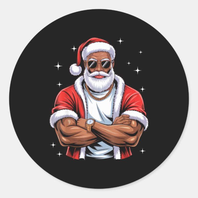 Cool African American Santa Black Christmas Pajama Classic Round Sticker (Front)