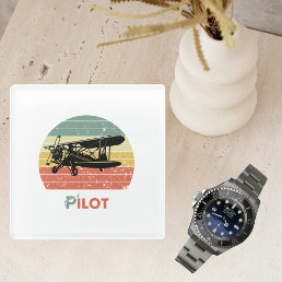 Cool Airplane, Vintage Retro Sunset &amp; Pilot text Glass Coaster
