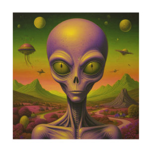 Cool alien on another planet on wood wall art