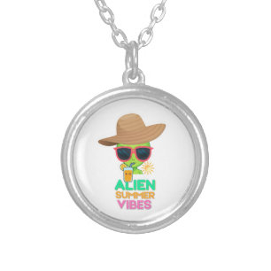 Cool Alien Summer Vacation Vibes Silver Plated Necklace
