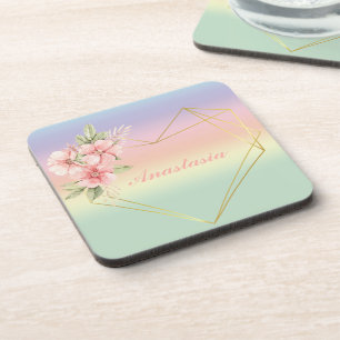 Cool, Amazing, Rainbow Heart whit your name Beverage Coaster