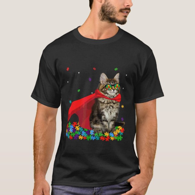 Cool American Curl Autism Awareness Graphic Cat T-Shirt (Front)