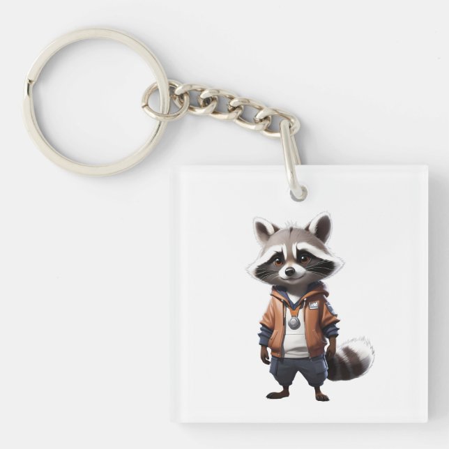Cool and Adorable Raccoon Illustration Keychain (Front)