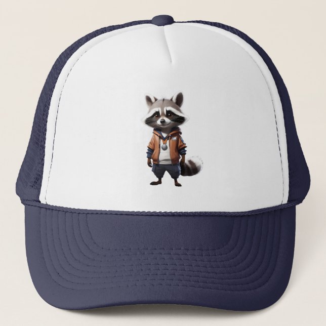 Cool and Adorable Raccoon Illustration Trucker Hat (Front)