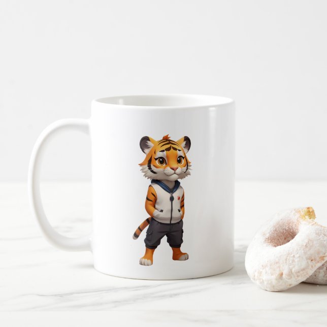 Cool and Adorable Tiger Illustration Coffee Mug (With Donut)