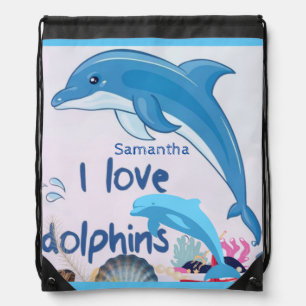 Cool and Colorful l Love Dolphins Quotes Name Drawstring Bag