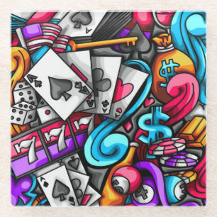 Cool and Colorful Las Vegas Casino Gambling Doodle Glass Coaster
