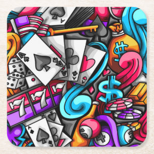 Cool and Colorful Las Vegas Casino Gambling Doodle Square Paper Coaster