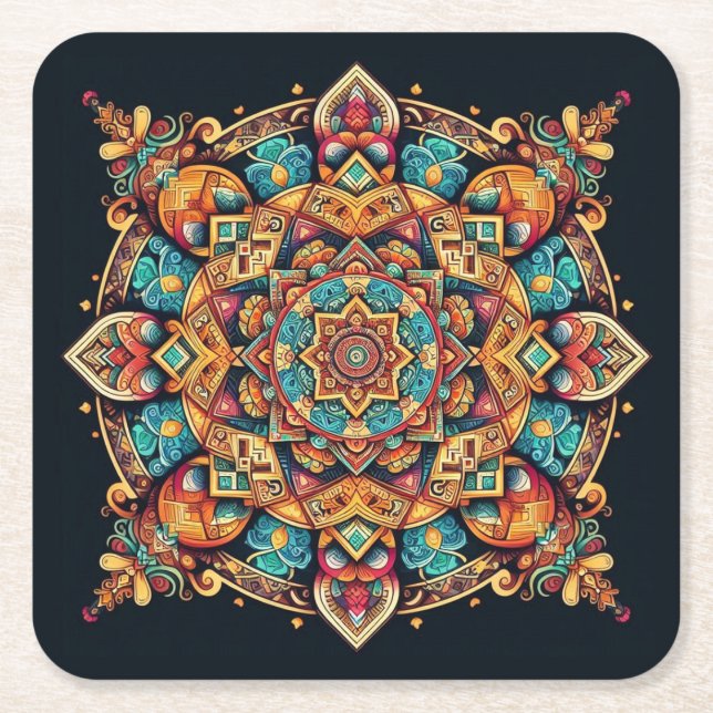Cool and Colorful Mandala Pattern Square Paper Coaster (Front)