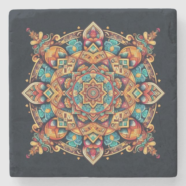 Cool and Colorful Mandala Pattern Stone Coaster (Front)